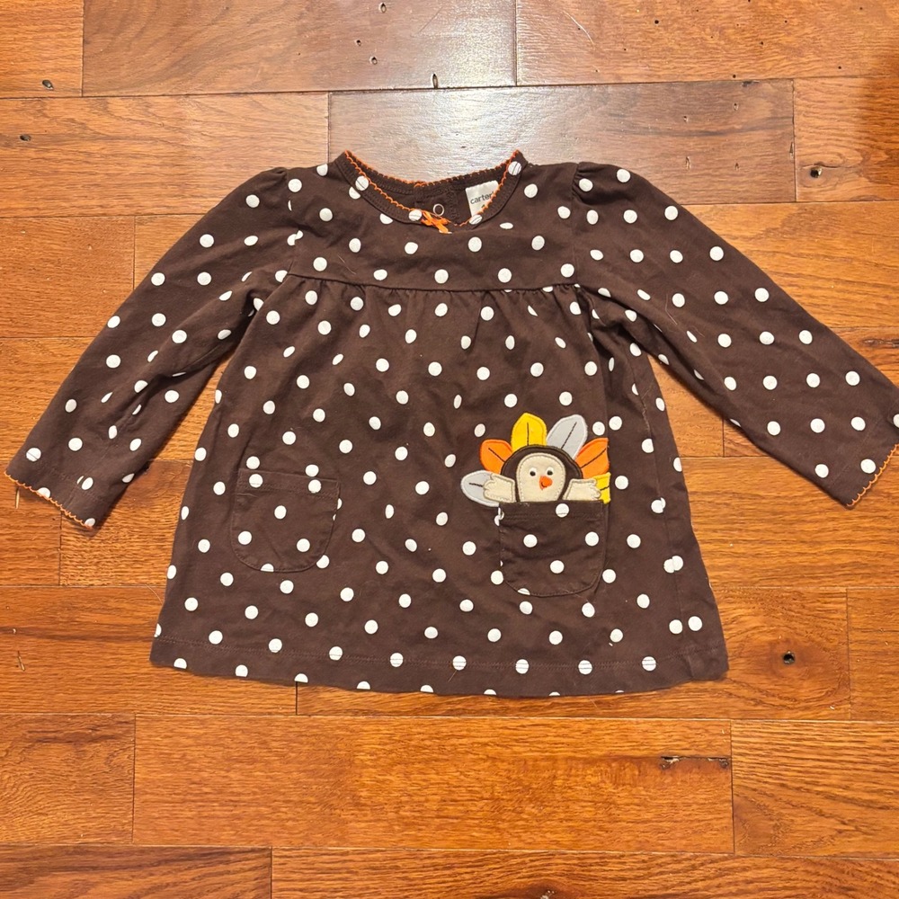 Carters Brown Polka Dot Turkey‎ Pocket Long Sleeve Baby Girl Dress 18 Months
